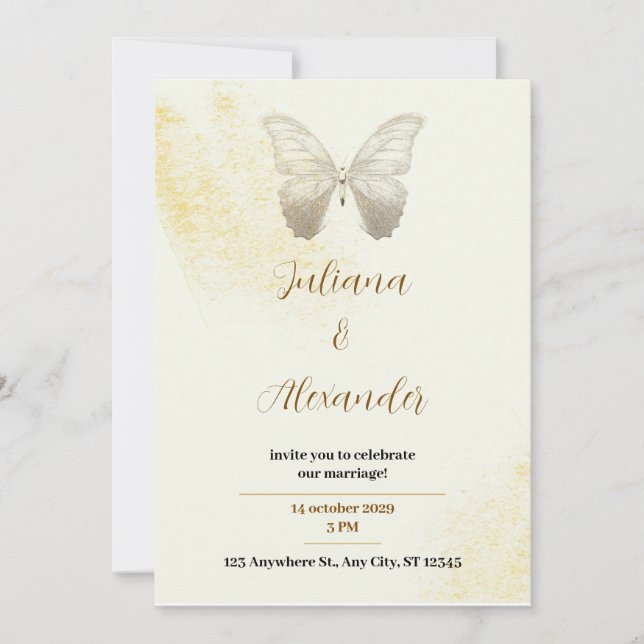 Elegante y simple invitación de mariposa dorada (Anverso)
