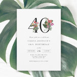 Elegante y simple invitación tropical 40 cumpleaño<br><div class="desc">Esta invitación de 40 años presenta un diseño minimalista, limpio y sofisticado con un toque de elegancia. El número "40" aparece de forma destacada en una fuente serif grande y elegante, adornada con flores tropicales vibrantes y un follaje exuberante para añadir una ráfaga de color y detalles pintados. Palm fronds,...</div>