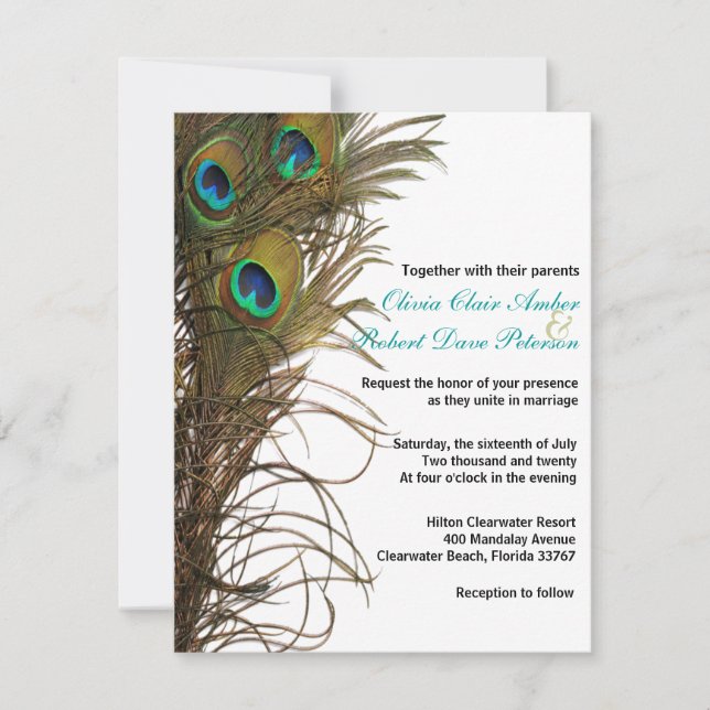 Elegante y simple plumas de pavo real Invitación a (Anverso)