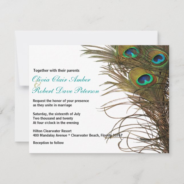 Elegante y simple plumas de pavo real Invitación a (Anverso)