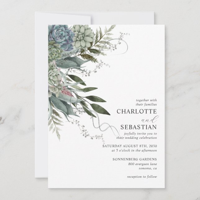 Elegante y suculenta invitación a la boda floral (Anverso)