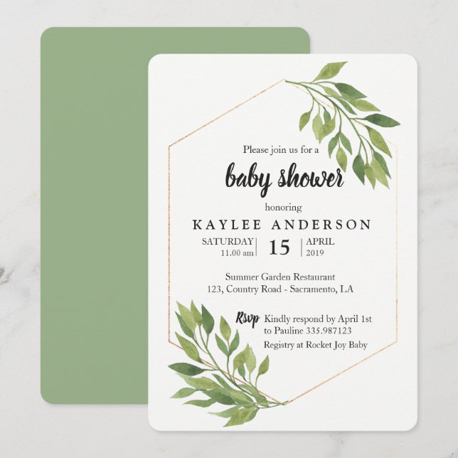 Elegante y verde invitación a la ducha de bebé (Anverso / Reverso)