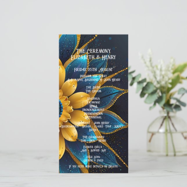 Elegante zafiro y Boda floral de oro (Anverso de pie)