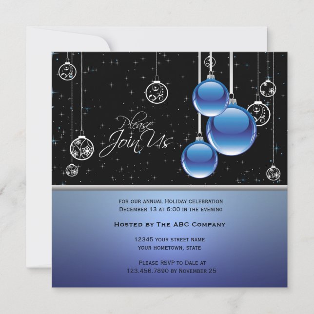 Elegantes adornos de plata azul en invitación negr (Anverso)
