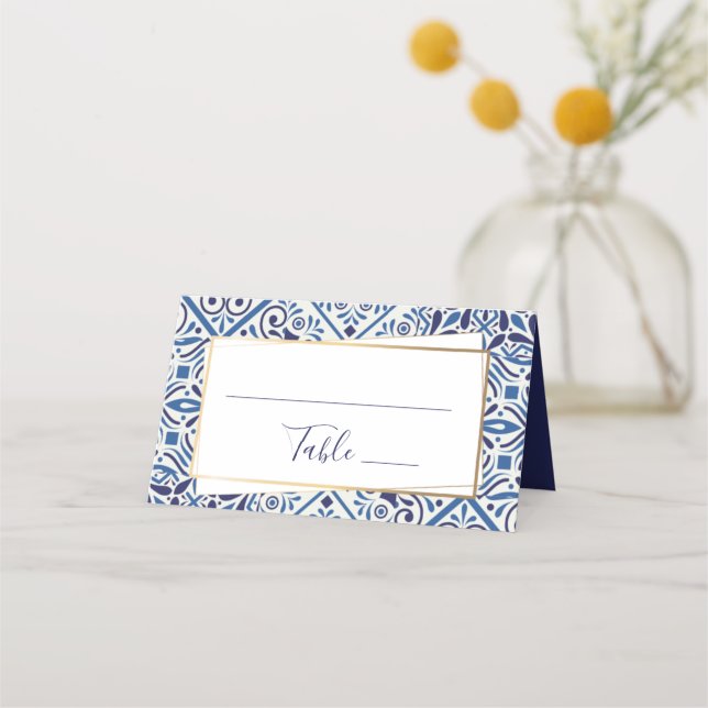 Elegantes azulejos azules y tarjeta dorada Place (Anverso)