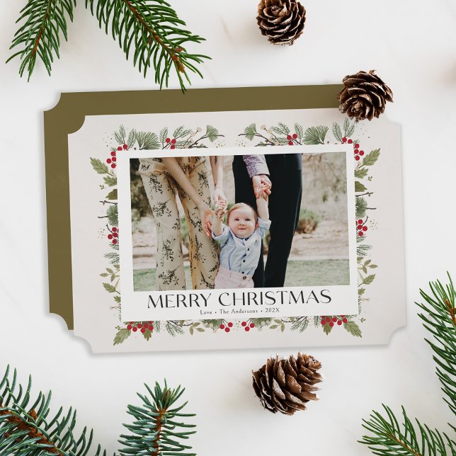 Elegantes botánicos invernales de Navidad beige 1  (botanical elegant Christmas photo card, beige, green and red.)