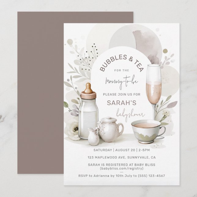 Elegantes burbujas y té invitación a Baby Shower (Anverso / Reverso)