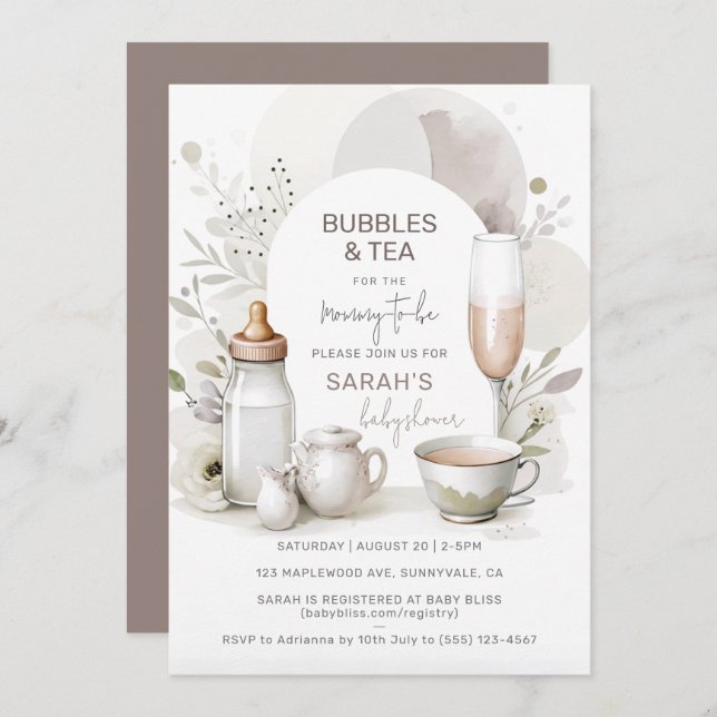 Elegantes burbujas y té invitación a Baby Shower (Anverso / Reverso)