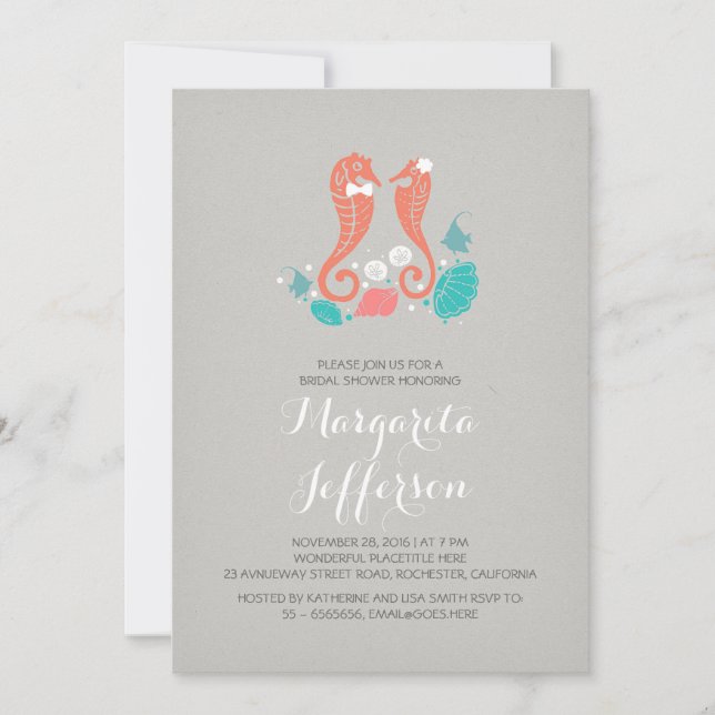 Elegantes caballitos de mar invitación a la ducha  (Anverso)