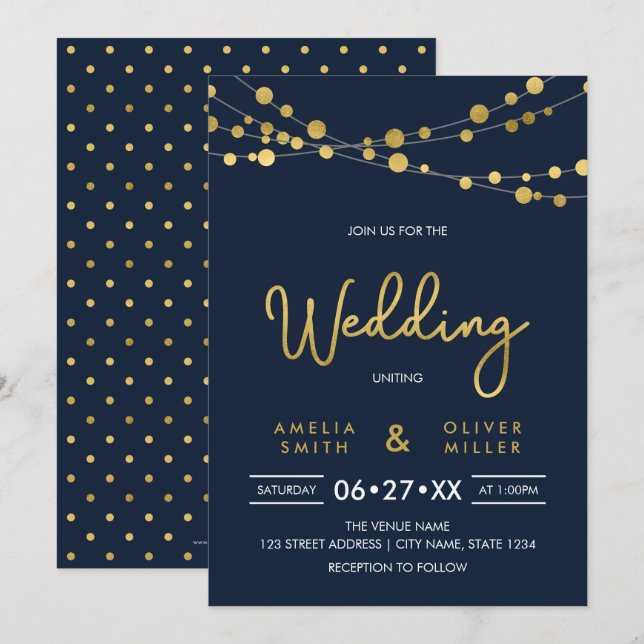 Elegantes cadenas azules de luz Invitación a la bo (Anverso / Reverso)
