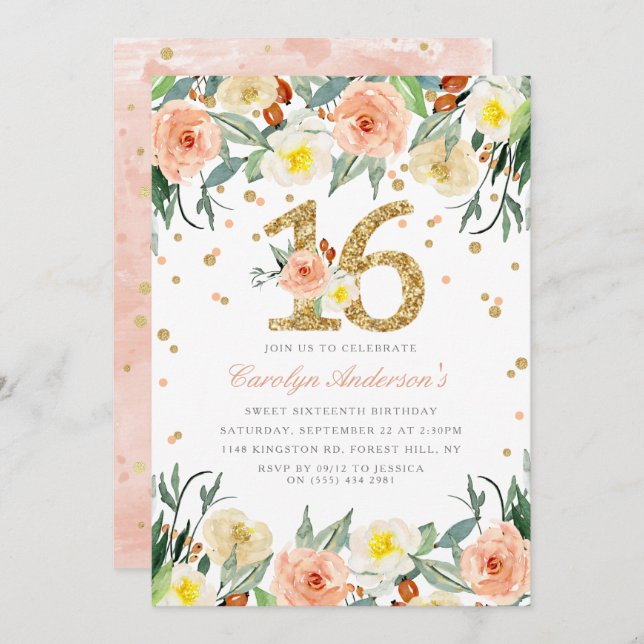 Elegantes Chicas florales dulces 16 invitaciones d (Anverso / Reverso)