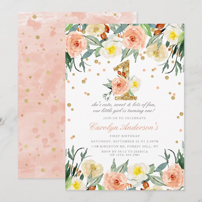 Elegantes Chicas florales invitaciones de cumpleañ (Anverso / Reverso)
