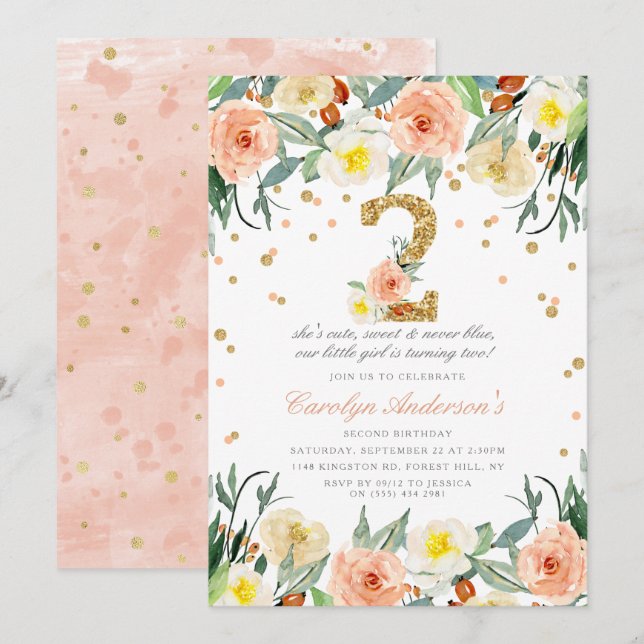 Elegantes Chicas florales invitaciones de cumpleañ (Anverso / Reverso)