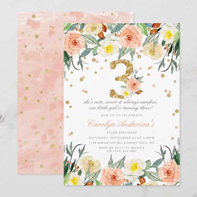 Elegantes Chicas florales invitaciones de cumpleañ (Anverso / Reverso)