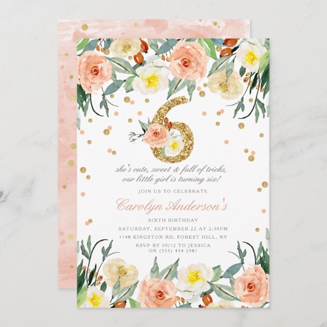 Elegantes Chicas florales invitaciones de cumpleañ (Anverso / Reverso)