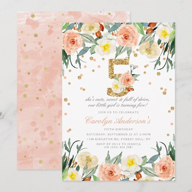 Elegantes Chicas florales invitaciones de cumpleañ (Anverso / Reverso)