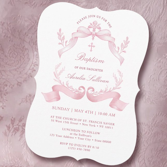 Elegantes cintas rosadas invitación al bautismo (Subido por el creador)