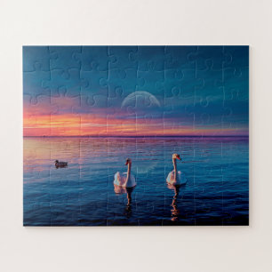 Elegantes Cisnes Agua Sunset Jigsaw Puzzle
