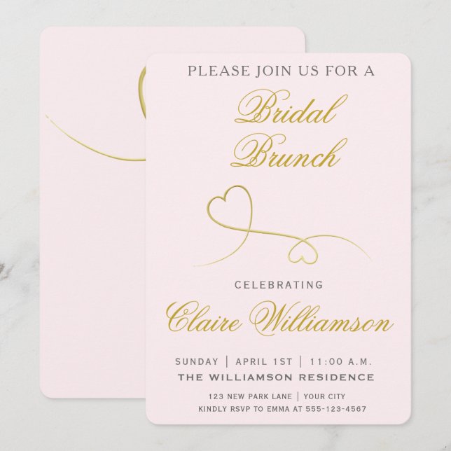 Elegantes corazones dorados Invitación de brunch d (Anverso / Reverso)
