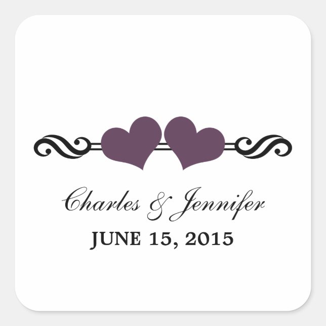 Elegantes corazones pegatinas de boda, morado (Anverso)