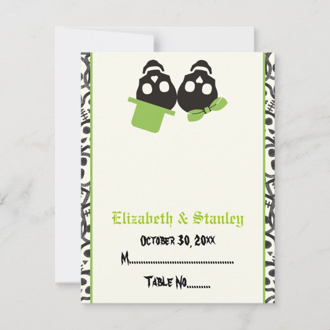 Elegantes cráneos tarjeta de lugar boda verde de H (Anverso)