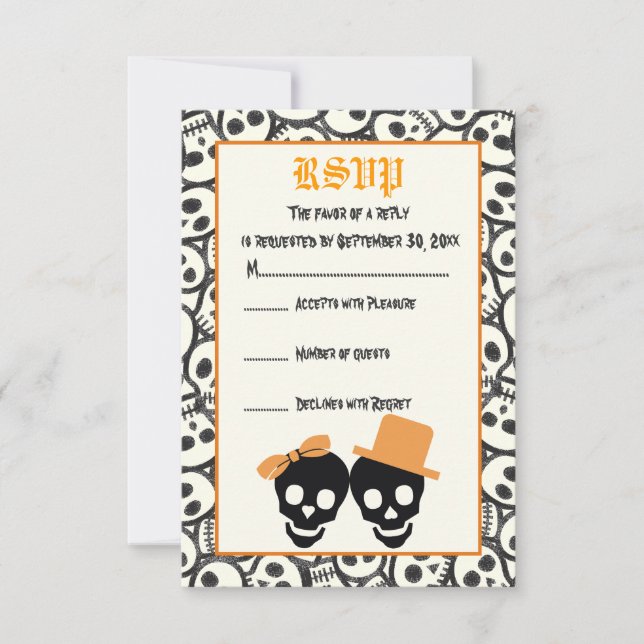 Elegantes cráneos tarjeta RSVP de boda naranja de  (Anverso)