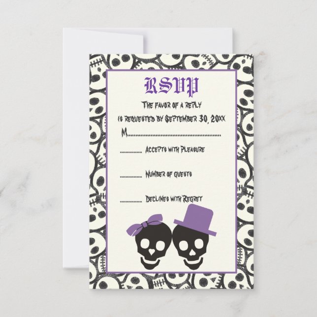 Elegantes cráneos tarjeta RSVP de boda púrpura de  (Anverso)