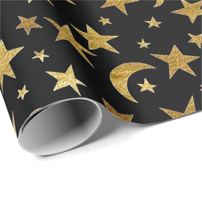 Elegantes estrellas doradas y papel de envolver la (Esquina del rollo)