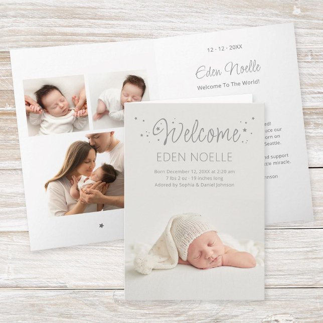 Elegantes estrellas grises anuncio de nacimiento t (Modern, elegant gray calligraphy "Welcome" with stars birth announcement folded photo collage card.)