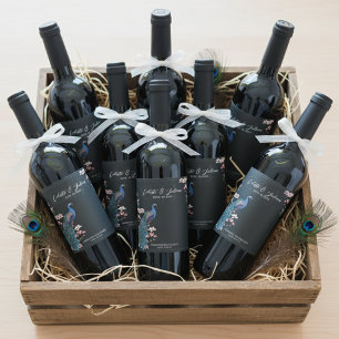 Elegantes etiquetas de Boda de vino de pavo real f