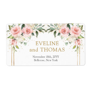 Elegantes etiquetas de bodas doradas de rosas rosa