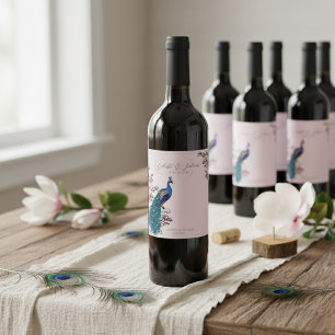 Elegantes etiquetas de vino Boda rosa de pavo real