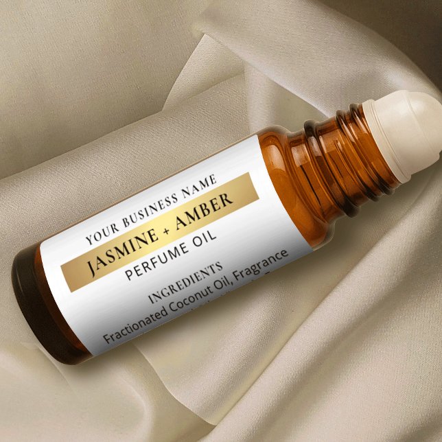 Elegantes etiquetas para botellas de perfume blanc (Elegant white and gold perfume oil roller bottle wraparound label with faux gold effects)