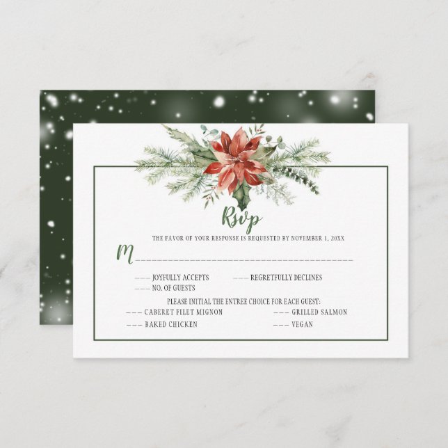 Elegantes Evergreens y Poinsettia Navidad RSVP (Anverso / Reverso)