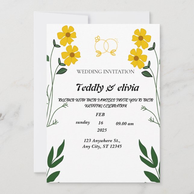 Elegantes flores amarillas: Invitación a la boda (Anverso)