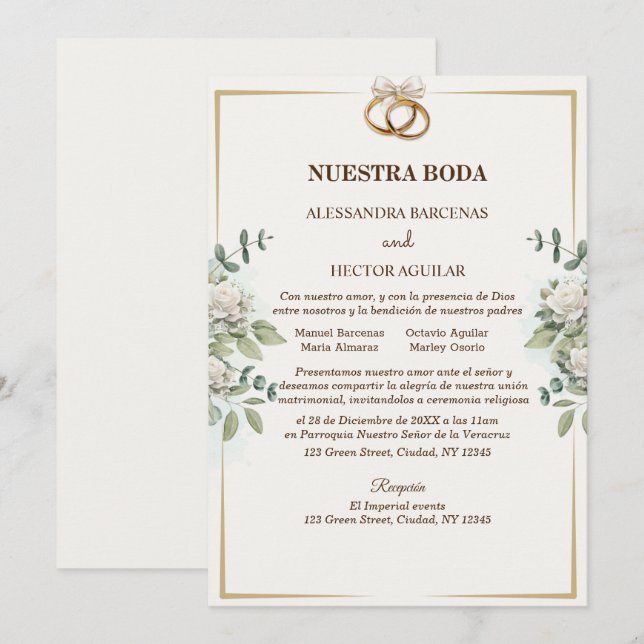 Elegantes flores blancas e invitación a la vegetac (Anverso / Reverso)