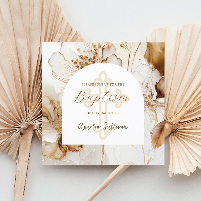 Elegantes flores marrones invitación al bautismo (Subido por el creador)