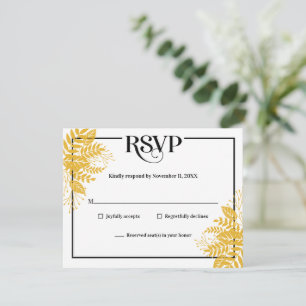 Elegantes hojas amarillas de mostaza, RSVP en blan