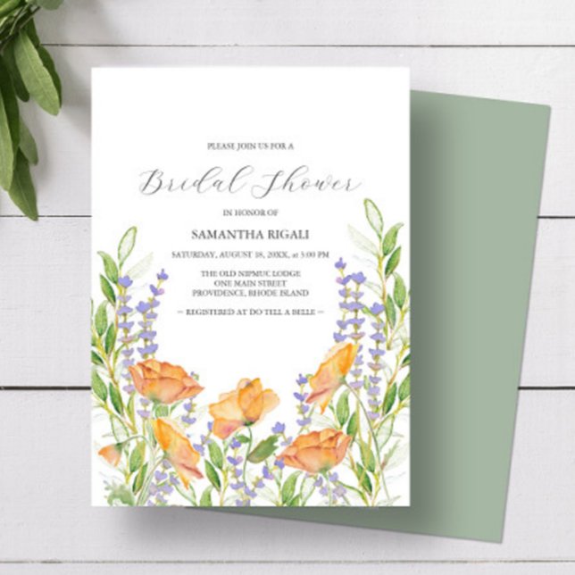 Elegantes invitaciones a bañador de flores silvest (Bridal shower invitations feature watercolor wildflowers by Victoria Grigaliunas of Do Tell A Belle)