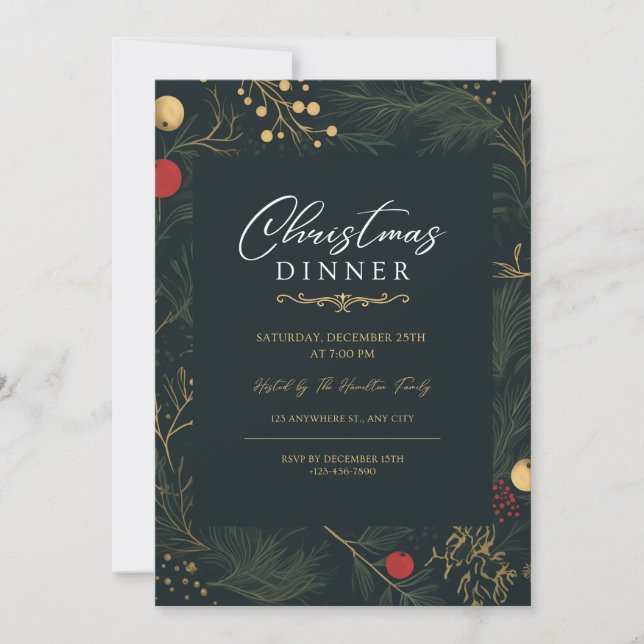 Elegantes invitaciones a cenar Navidades celebran (Anverso)