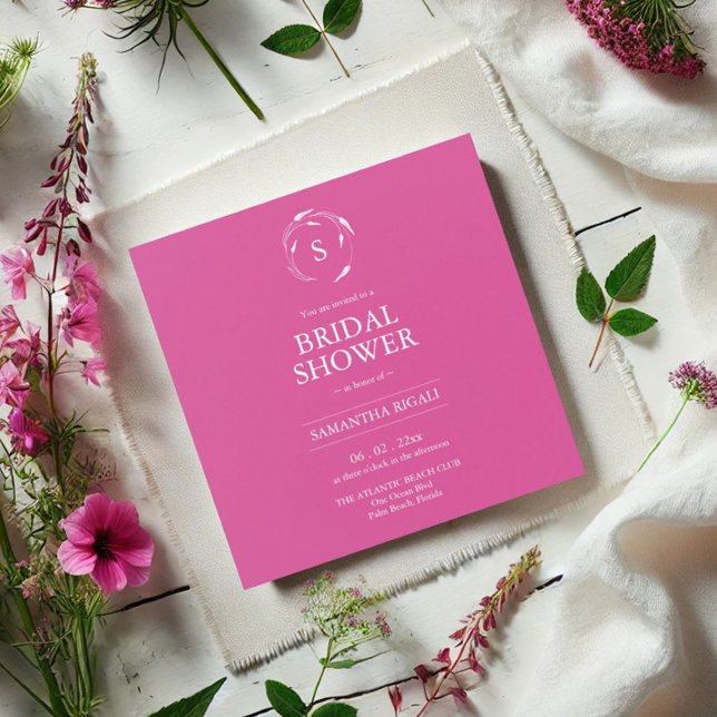 Elegantes invitaciones a ducha de novias en rosa (elegant bridal shower invitations in vibrant pink with a line art image of florals and monogram)