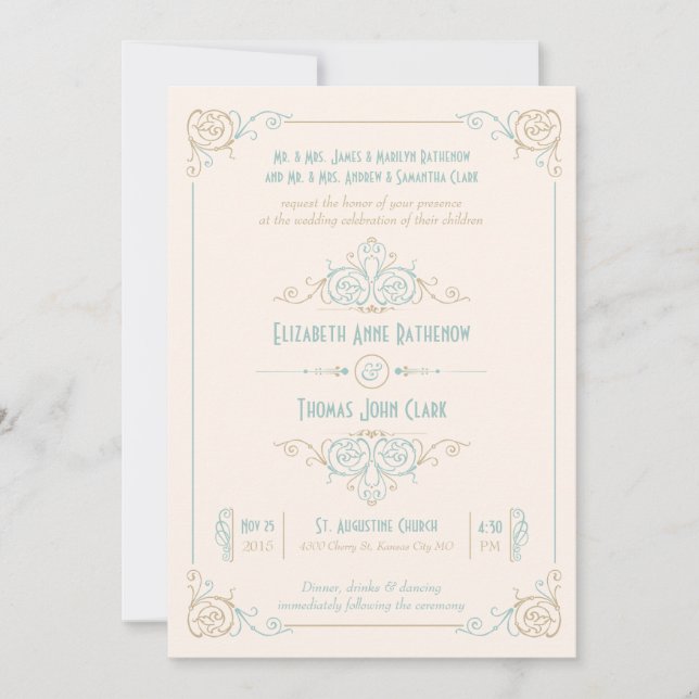 Elegantes invitaciones a la boda Art Decó Azul y C (Anverso)