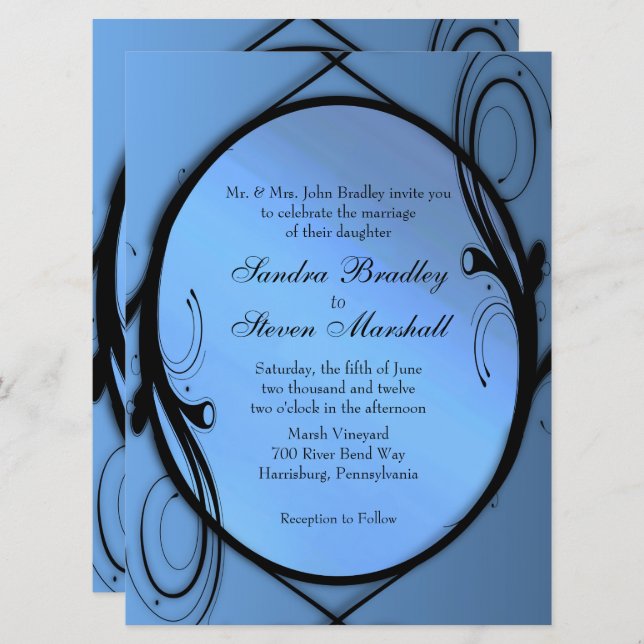 Elegantes invitaciones a la boda azul (Anverso / Reverso)