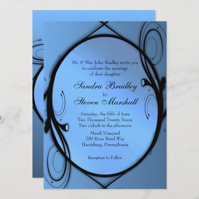 Elegantes invitaciones a la boda azul (Anverso / Reverso)