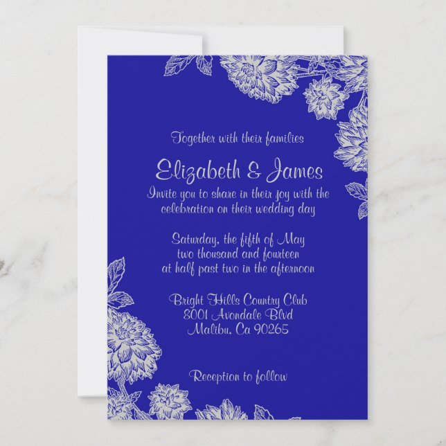 Elegantes invitaciones a la boda azul real (Anverso)