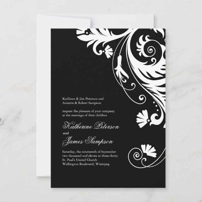 Elegantes invitaciones a la boda blanca y negra (Anverso)