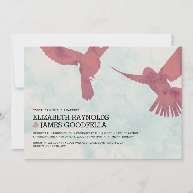 Elegantes invitaciones a la boda de aves rojas (Anverso)