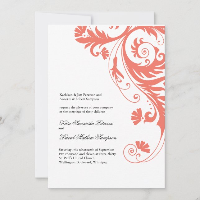 Elegantes invitaciones a la boda de coral (Anverso)