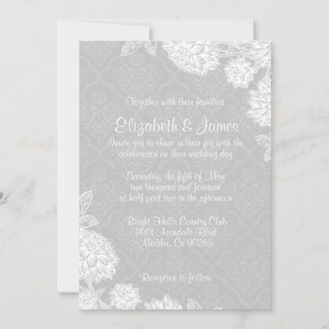 Elegantes invitaciones a la boda de Damasco Blanco (Anverso)