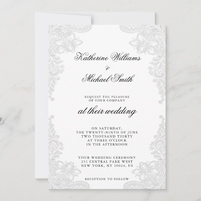 Elegantes invitaciones a la boda de encaje blanco (Anverso)
